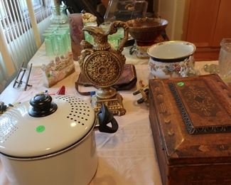 decor,  cookware. wood  box, soapstone