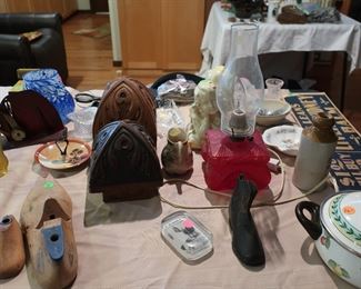 electrified oil style  lamp  with  red  base, decor, sign, more