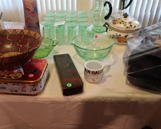 wood  box, another  view  of  uranium  glass,  uranium  glass  bowl (sold)