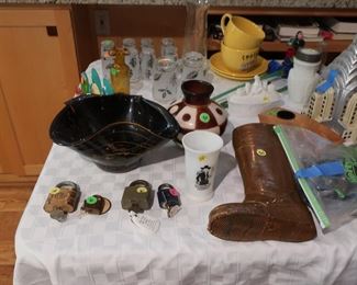 metal  locks,  advertising boot, (  boot  sold)  Mckelvey  glass  piece, Empire  state  building  cookie  jar(sold)