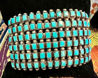 Large Zuni petit point 6 row signed turquoise sterling Indian bracelet.  Jewelry removed daily. Security on premises. 