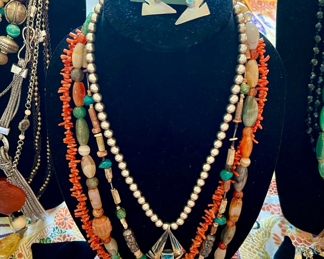 Indian sterling bead signed necklace with topaz and earrings. 