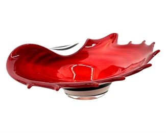 Vintage Art Glass B&W Striped & Red Dish
