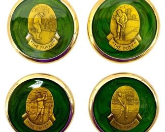 4pc Vintage Brass and Green Lacquer Golf Coasters
