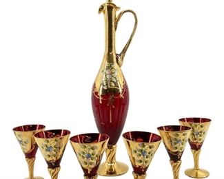 Bohemia Gold Flower Italian Ruby Glass Bar Set
