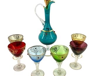 7pc Bohemian Colorful Glass Decanter & Glasses
