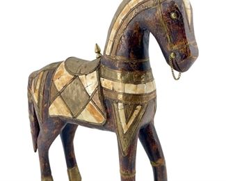 Vintage Wooden Brass and Bone Adorned War Horse
