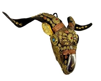 Tibetan Gilt Brass Goat Skull Wall Art
