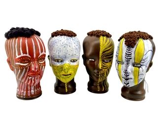 4pc Glass African Painted Head By Leroy P Elie
