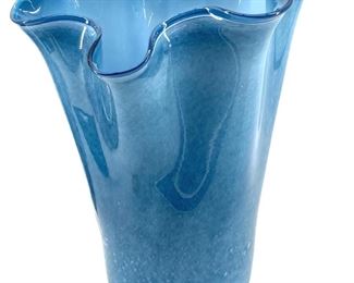 Hand Crafted Blue Ruffled Edge Art Glass Vase
