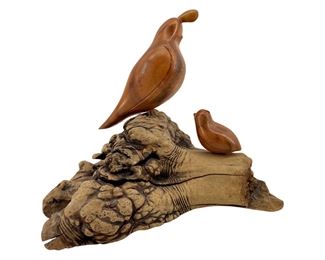 Walnut on Burl Wood Signed B. Nuby Perched Quails
