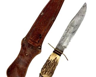 Vintage Original Bowie Knife Stag Handle & Sheath
