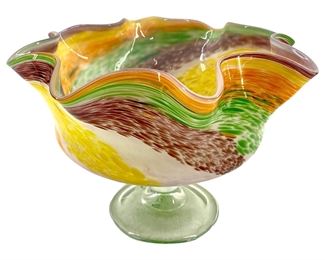 Handcrafted Murano Style Art Glass Footed Bowl
