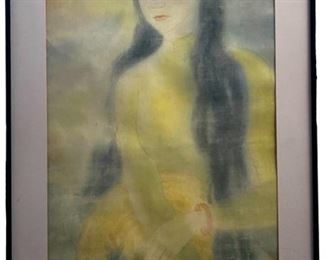 Signed Watercolor Portrait Painting on Silk
