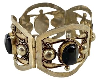 Vintage Mexico Sterling Obsidian Inlaid Bracelet
