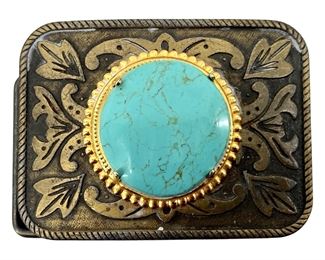 Turquoise Inlaid Brass Belt Buckle
