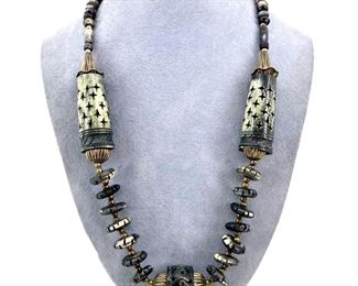 Vintage Horn and Silver Beaded Necklace
