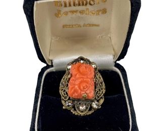 Vintage Salmon Red Coral Rose Filigree Ring S7.5
