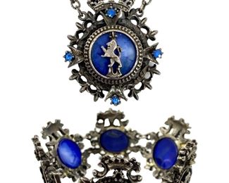 Vintage Metal/Lapis Heraldic Necklace & Bracelet*

