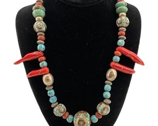 Tibetan Turquoise & Silver Beaded Prayer Necklace
