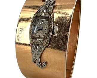 14k/ Diamond Mid Century Hamilton Cuff Watch