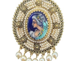 14k Gold/ Pearl Limoges Enamel Brooch

