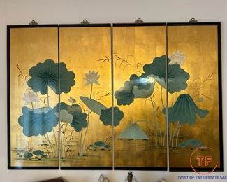 Chinese Hand Painted Gold Gilt Four Panel Screen with Lily Pond