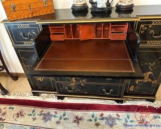 Union National Chinoiserie Regency Style Black and Gilt Desk / Buffet / Sideboard