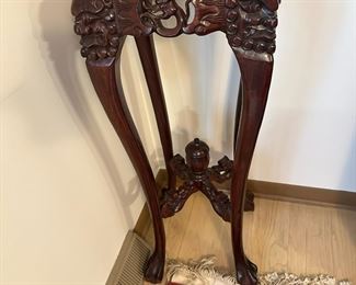 Hand Carved Asian Mahogany Plant Stand with Marble Insert