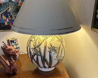 Silver and Bisque Table Lamp with Grasshopper Motif