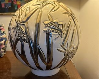 Silver and Bisque Table Lamp with Grasshopper Motif