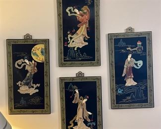 Vintage Chinese Black Lacquer Geisha Wall Panels