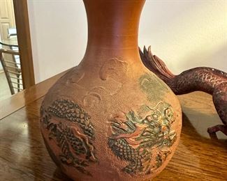 Antique Tokaname Red Clay Dragon Vase