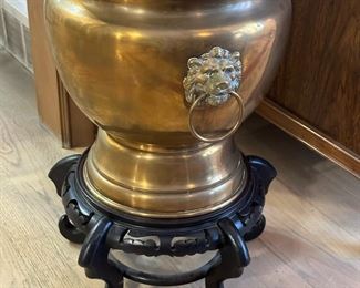 Brass Urn with Lion Head Pulls on Carved Stand