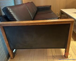 Vintage MCM 3 Seat Leather Sofa with Wood Frame