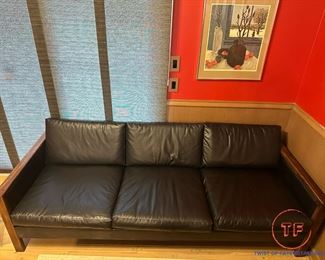 Vintage MCM 3 Seat Leather Sofa with Wood Frame