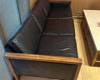 Vintage MCM 3 Seat Leather Sofa with Wood Frame
