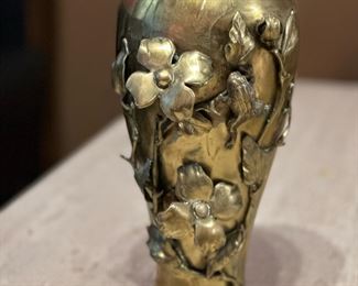 Vintage Art Nouveau Brass Vase with Raised Flowers