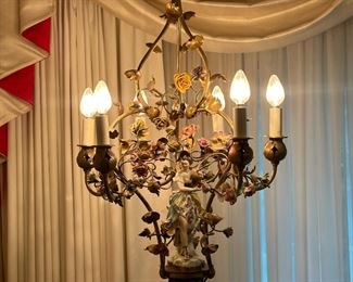 Vintage Gilded Chandelier with Porcelain Figurine