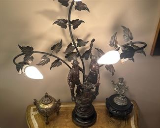 Antique "Le Travail" Bronze Blacksmith Figural Table Lamp