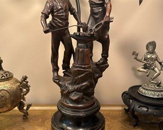 Antique "Le Travail" Bronze Blacksmith Figural Table Lamp