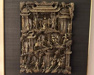 Vintage Chinese Gold Gilt Hand Carved Dimensional Wall Plaque