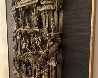 Vintage Chinese Gold Gilt Hand Carved Dimensional Wall Plaque