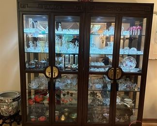 Oriental Style Lighted Display Cabinet with Brass Accent Pulls