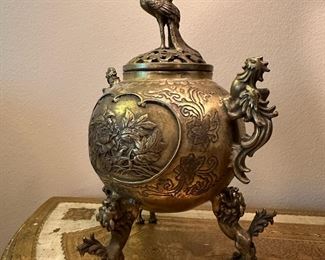 Chinese Brass Phoenix Incense Burner with Foo Dog Feet with 6 Character Xuande Mark