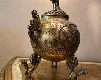 Chinese Brass Phoenix Incense Burner with Foo Dog Feet with 6 Character Xuande Mark