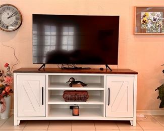 Samsung 55" Crystal UHD Smart TV with Remote on a Farmhouse Style 65" Media Console