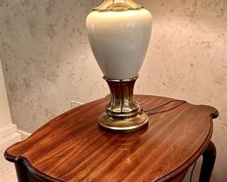 Beautiful Stiffel Lamp with a Brass Base and Porcelain Urn Style on Harden Side Table