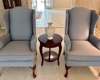 Set of 2 Pennsylvania House Wing Back Chairs with Round 1-Tier Side Table.