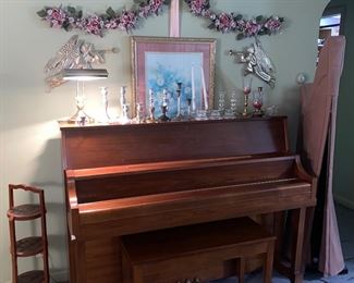 Piano, brass candlesticks, Angel’s, artwork, lamp
